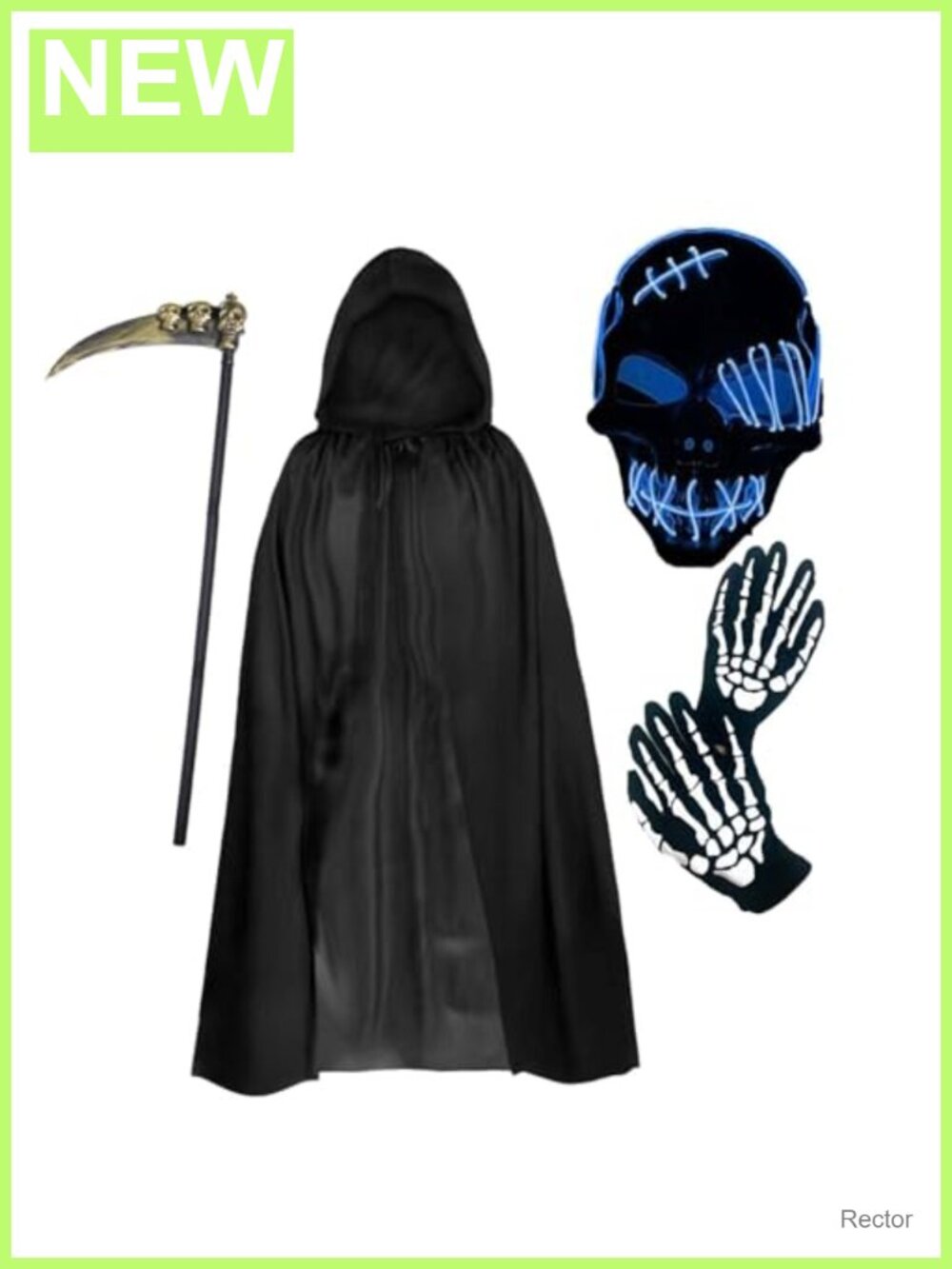 Grim Reaper Costume Set Kids Black Cloak Scythe LED Mask Gloves